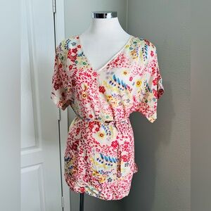 Floral Print JOHNNY WAS Tunic Top with‎ Belt - V-Neck, Short Sleeve, Lightweight